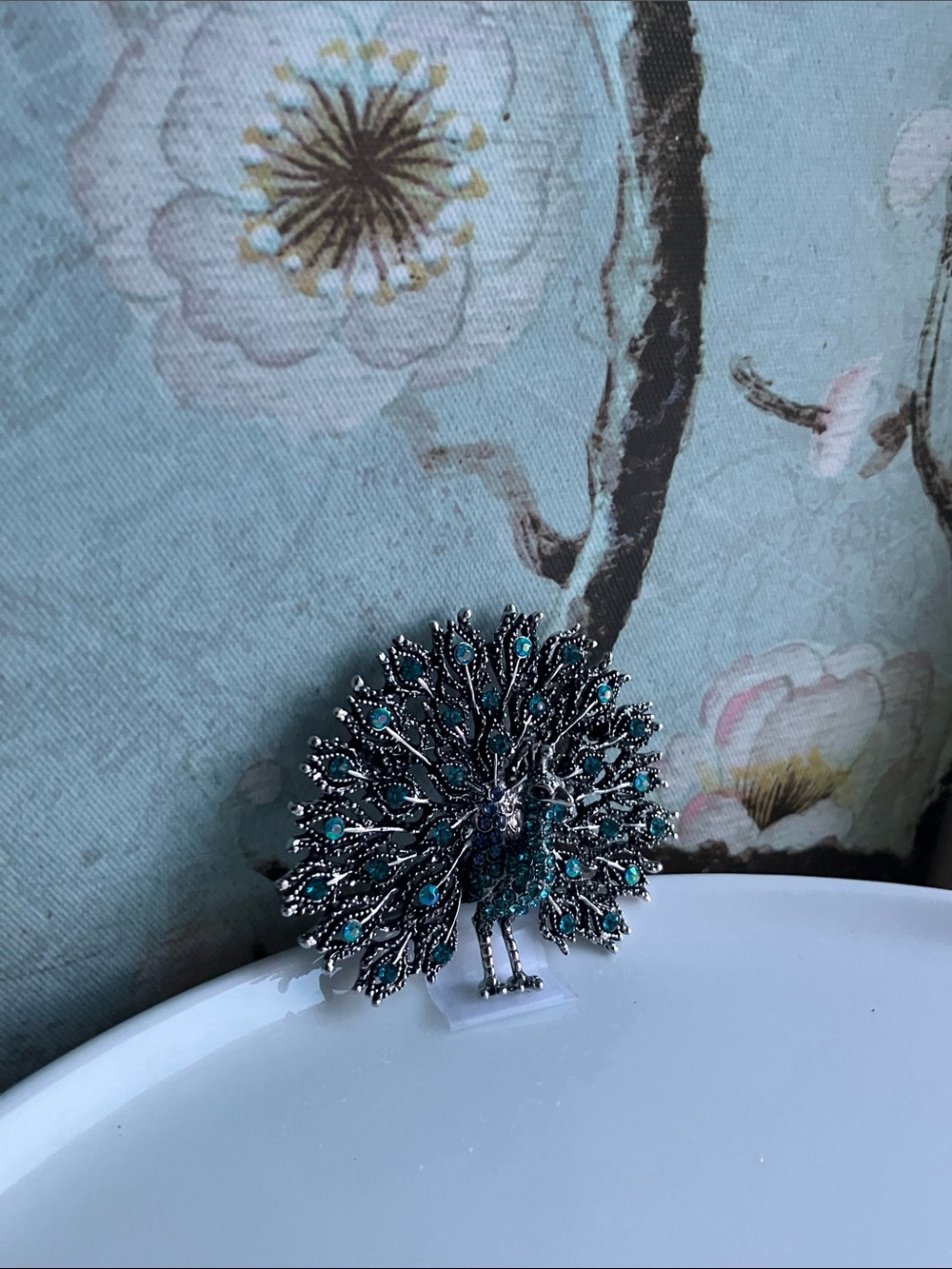 NEW Peacock Brooch, Silver and Teal Rhinestones